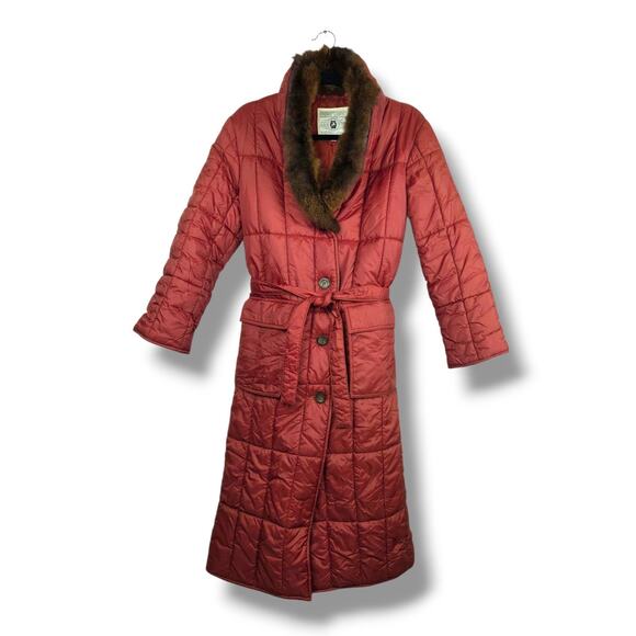 Vintage Quilted Jacket Womens Size 12 Real Fur Collar Long Rust Burnt Red Belted - Picture 3 of 11